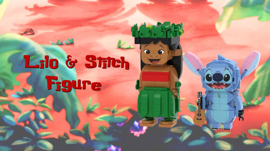 Popal Lilo and Stitch brick figurine displayed next to a Lilo & Stitch–style logo — custom Disney-inspired collectible with themed branding.