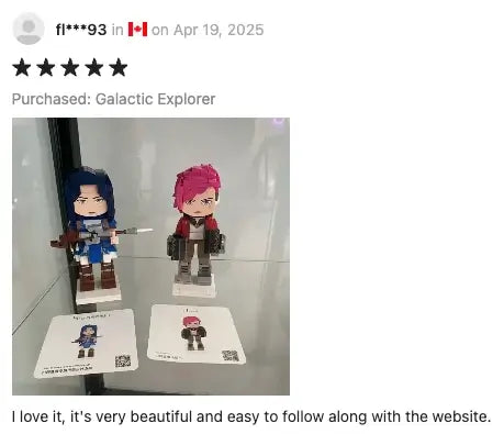 5-star customer review praising Popal brick figurines as beautiful and easy to build, with helpful instructions — highlighting positive user experience.