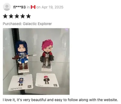 5-star customer review praising Popal brick figurines as beautiful and easy to build, with helpful instructions — highlighting positive user experience.