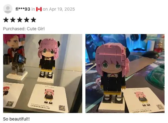 5-star customer review featuring images of Popal brick figurines received — showcasing high satisfaction with product quality and design