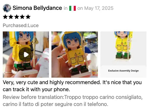 5-star customer review featuring photos of their Popal Luce brick figurine, described as cute and highly recommended
