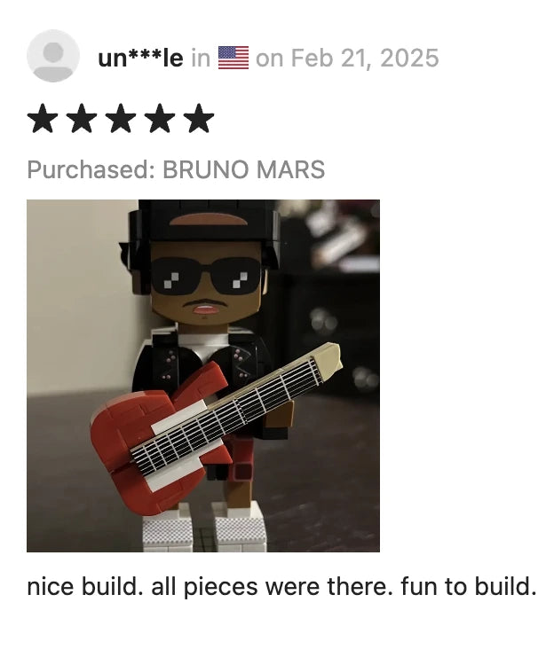 5-star customer review featuring a built Popal Bruno Mars brick figurine, praising it as fun to build