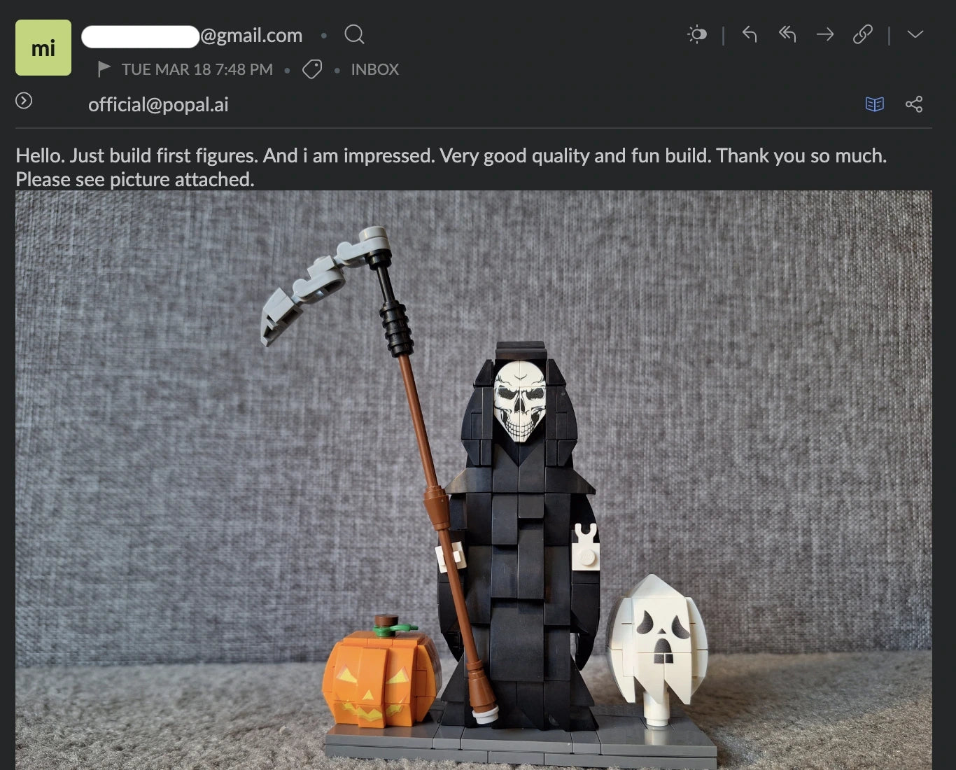 Customer email feedback showing a Popal Grim Reaper brick figurine, praising the good quality and fun building experience
