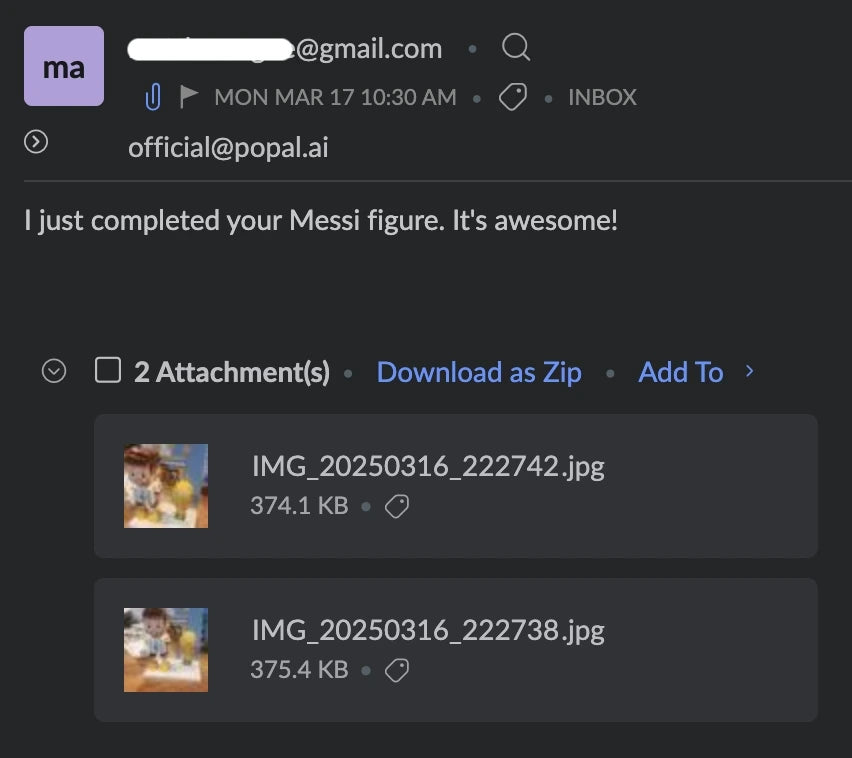 Customer email featuring their Popal Messi figurine with positive feedback saying “It’s awesome”