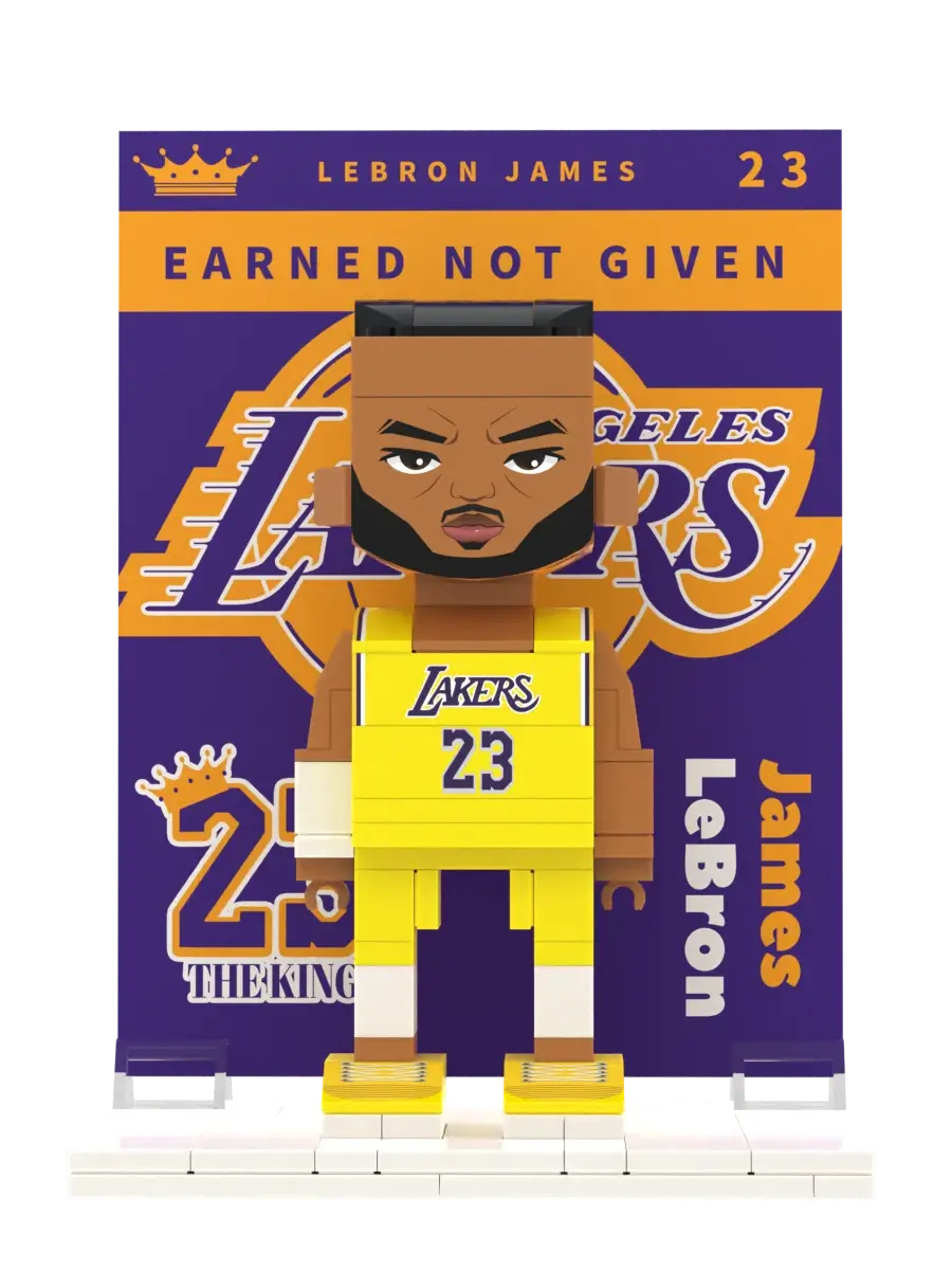 Front view of Popal LeBron James brick figurine wearing a Lakers jersey — custom NBA collectible minifig