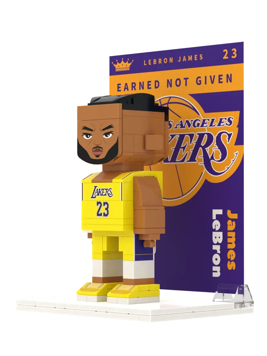 Left-side view of Popal LeBron James brick figurine in Lakers jersey — detailed minifigure for basketball collectors and NBA fans.