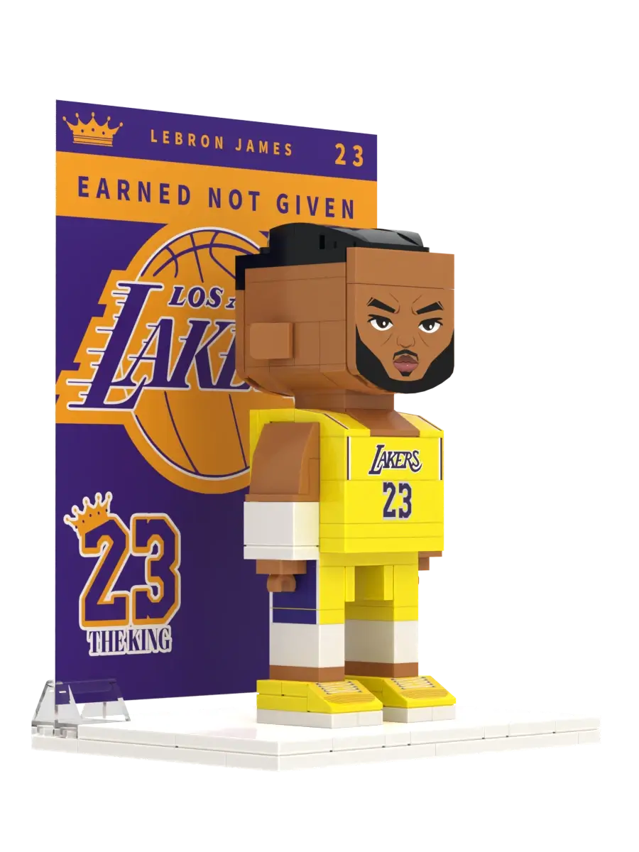 Right-side view of Popal LeBron James brick figurine wearing a Lakers jersey — custom sports collectible for basketball fans.