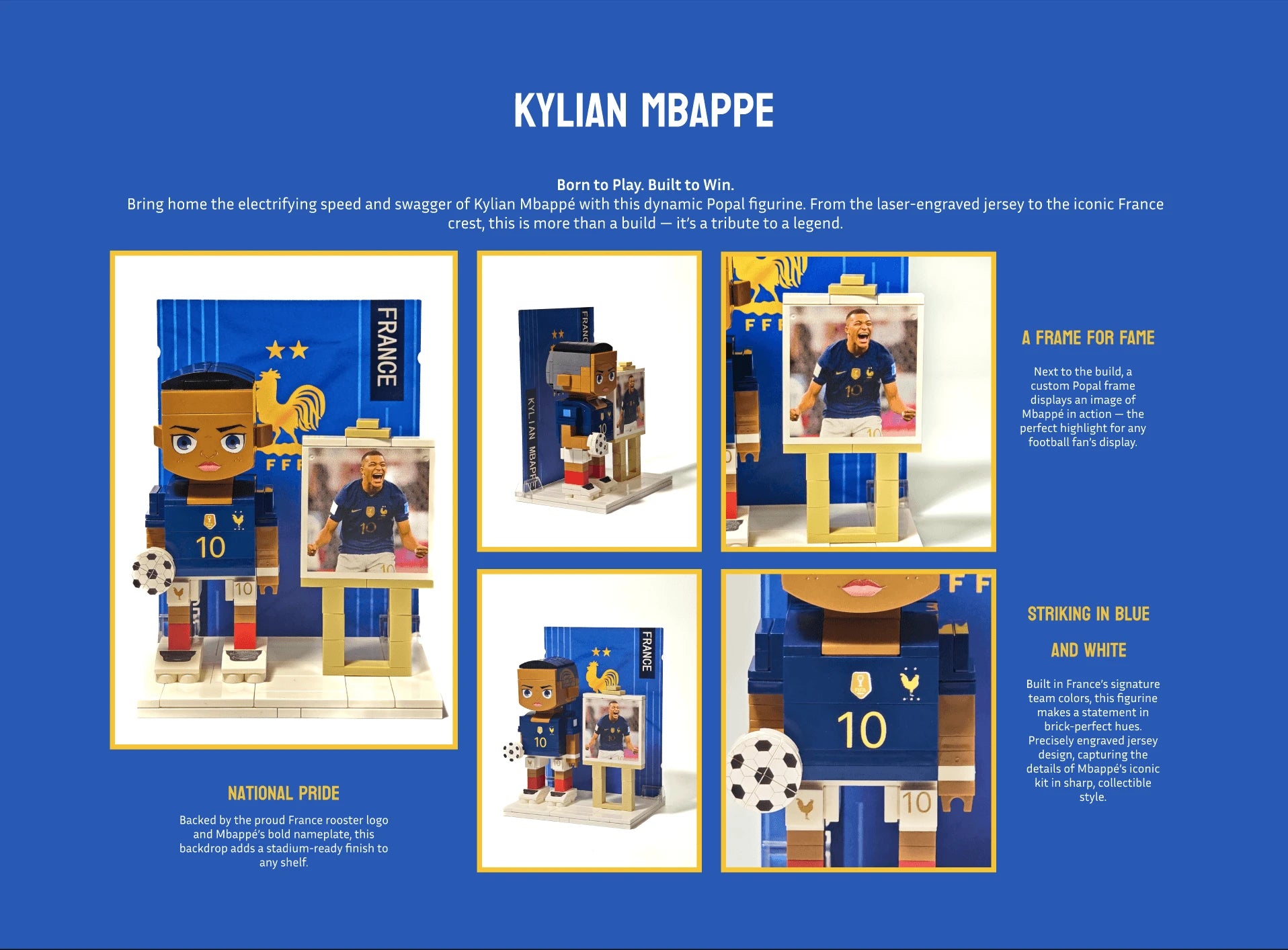 Popal’s custom Kylian Mbappé brick figurine in his France jersey, showcasing unique design features with descriptive text — for football fans