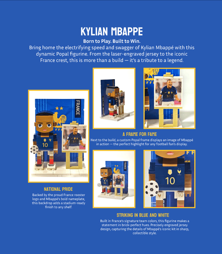 Popal’s custom Kylian Mbappé brick figurine in his France jersey, showcasing unique design features with descriptive text — for football fans