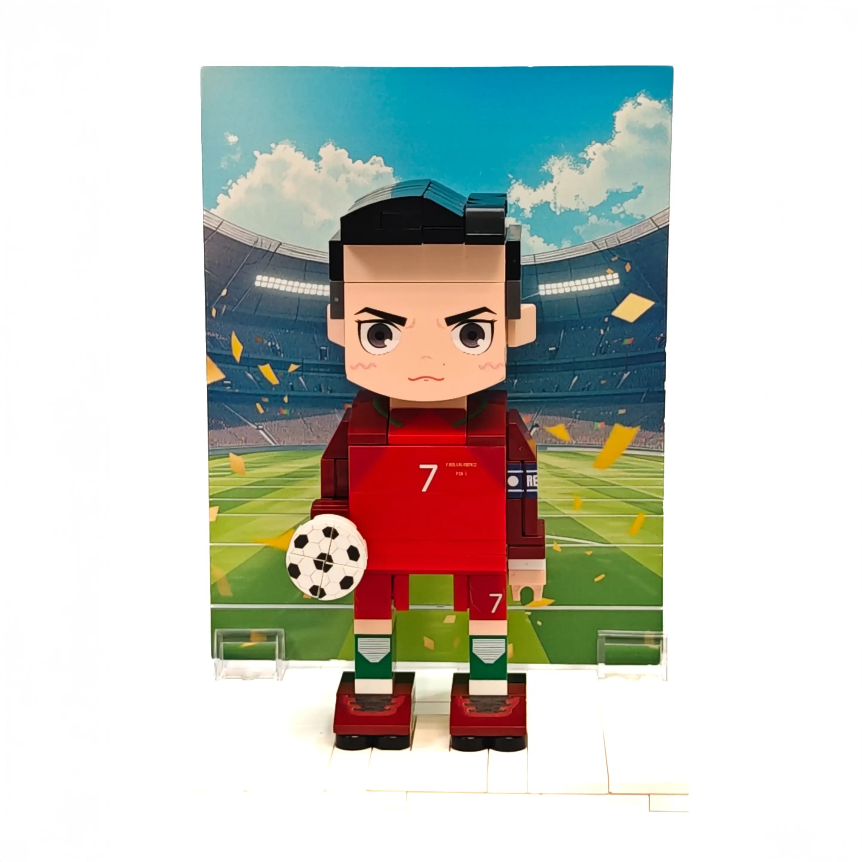 Popal Ronaldo brick figurine wearing Portugal jersey, holding a football in hand — collectible World Cup soccer minifig.
